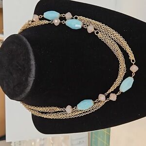 NWT BRAND Light Blue & Pink Plastic Beads & 5 strand 34" Long Goldtone Necklace